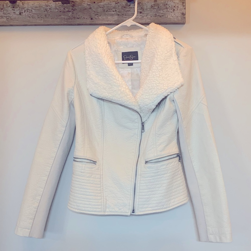 Faux off white leather jacket with fleece trim